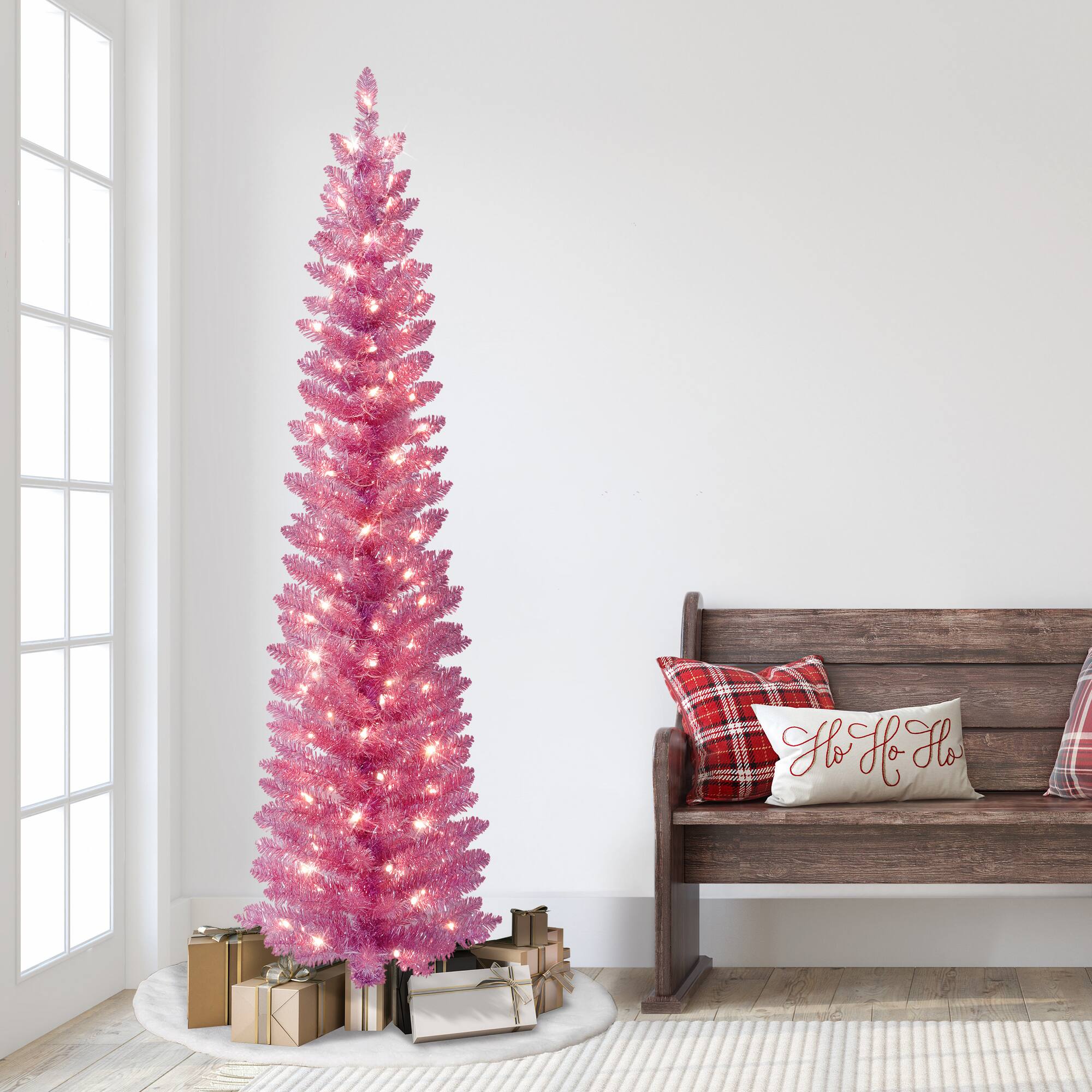 7ft. Pre-Lit Pink Tinsel Artificial Christmas Tree, Clear Lights